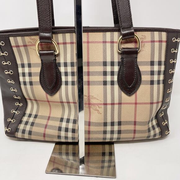 Burberry Brown Beige Haymarket Check Canvas Regent Grommet Tote Bag Double Strap - Picture 7 of 16